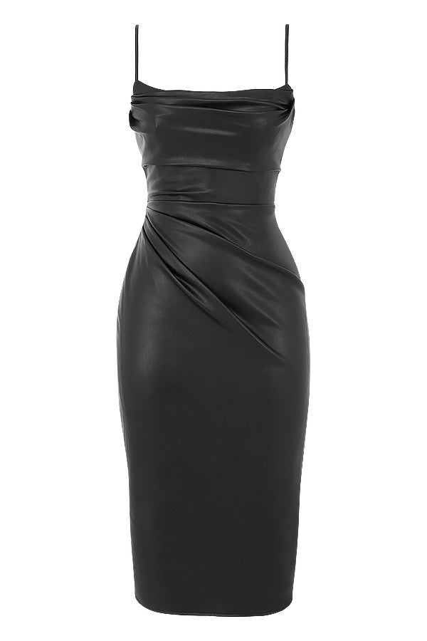 Elegante vestido midi negro de cuero vegano con estilo corsé