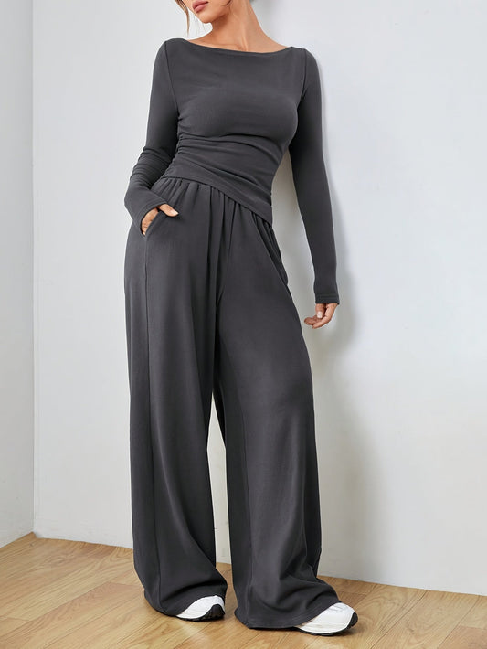 Celine - Conjunto de mujer elegante con camiseta lisa de ajuste amplio y pantalones jogging con cuello barco