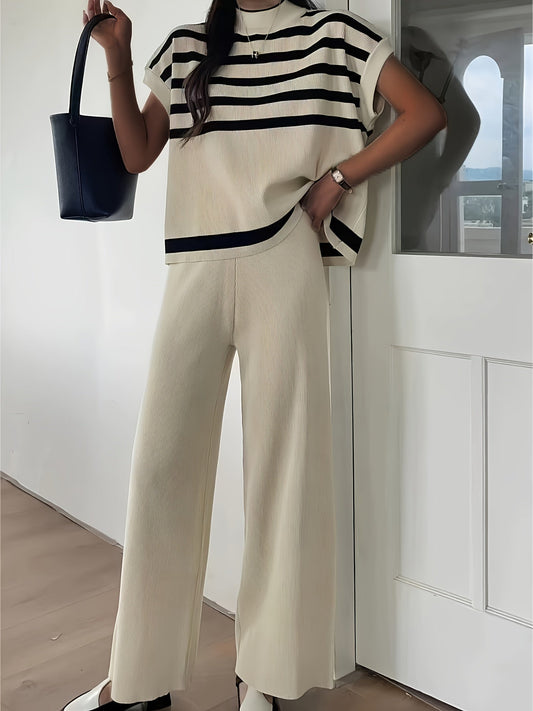 Taila - Conjunto Elegante para Mujer con Top de Punto a Rayas y Pantalón de Pierna Ancha