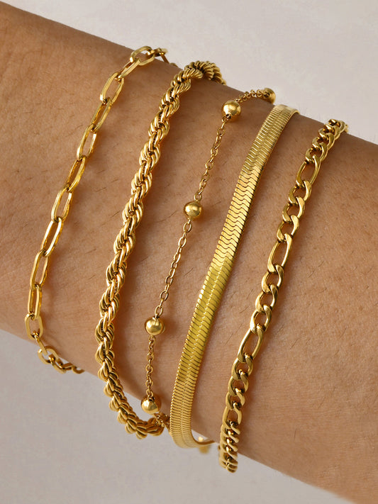 Conjunto de 5 Pulseras de Cadena Geométrica de Oro