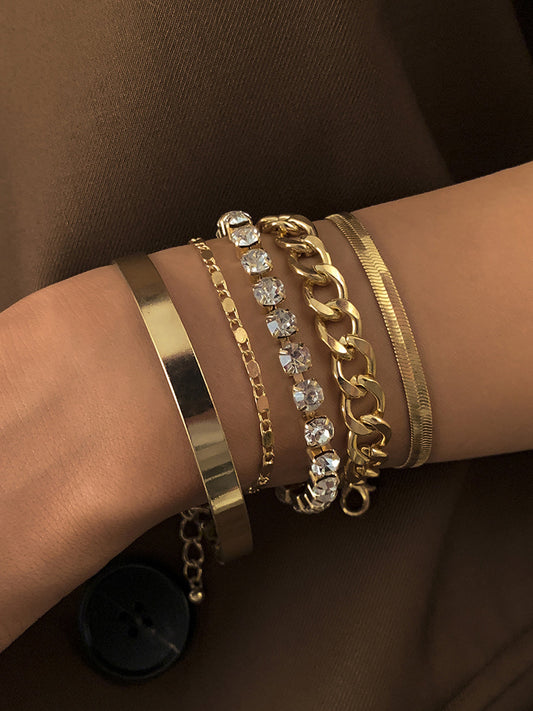 Conjunto de 5 Pulseras de Cadena de Serpiente con Piedras de Estrás