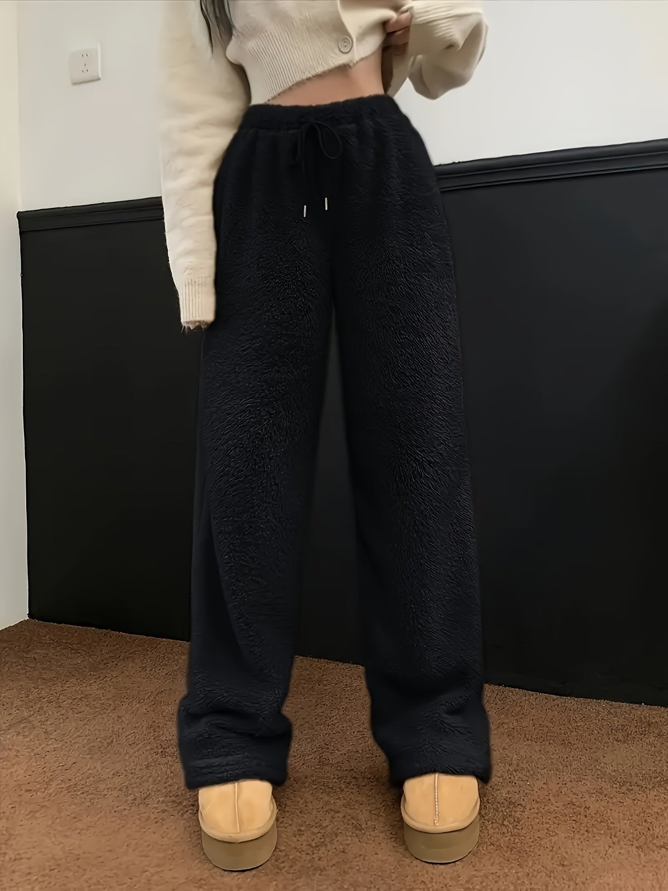Emma - Pantalón para Mujer de Pierna Recta Estilo Sherpa Fuzzy