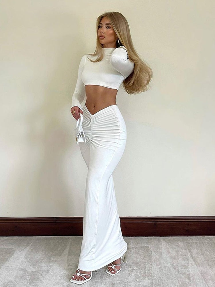 Zuriya - Conjunto de dos piezas con top de manga larga de cuello alto y falda larga