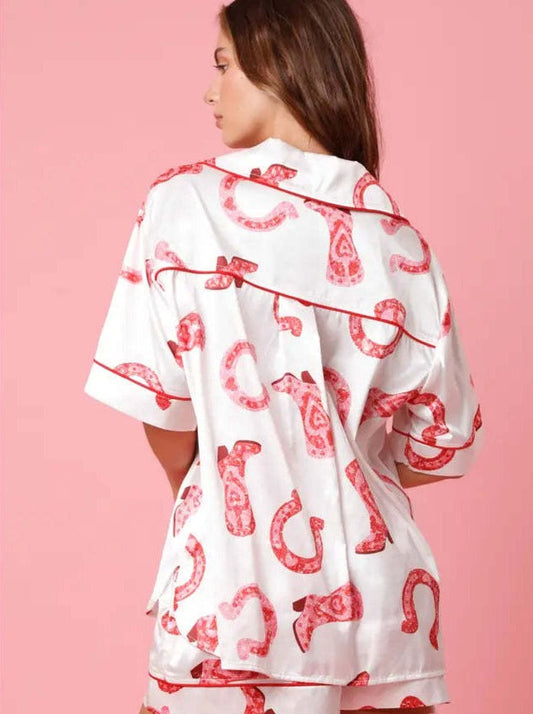 Conjunto de pijama de satén blanco de dos piezas con botones para mujeres
