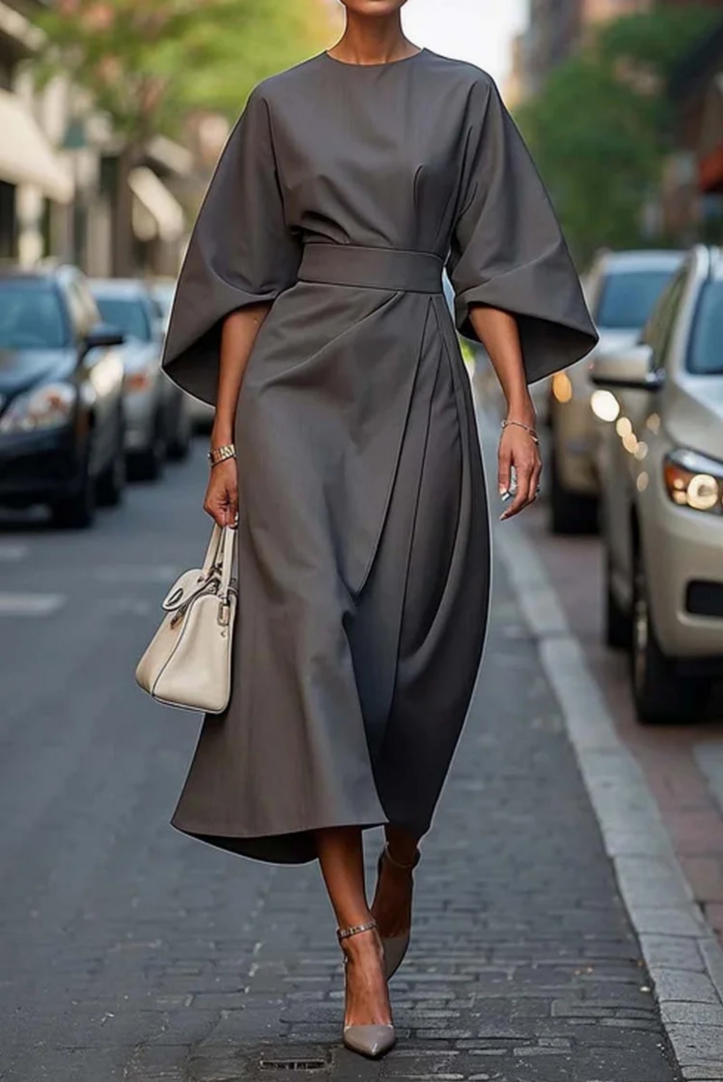 Sofía – Vestido elegante con mangas farol y cinturón