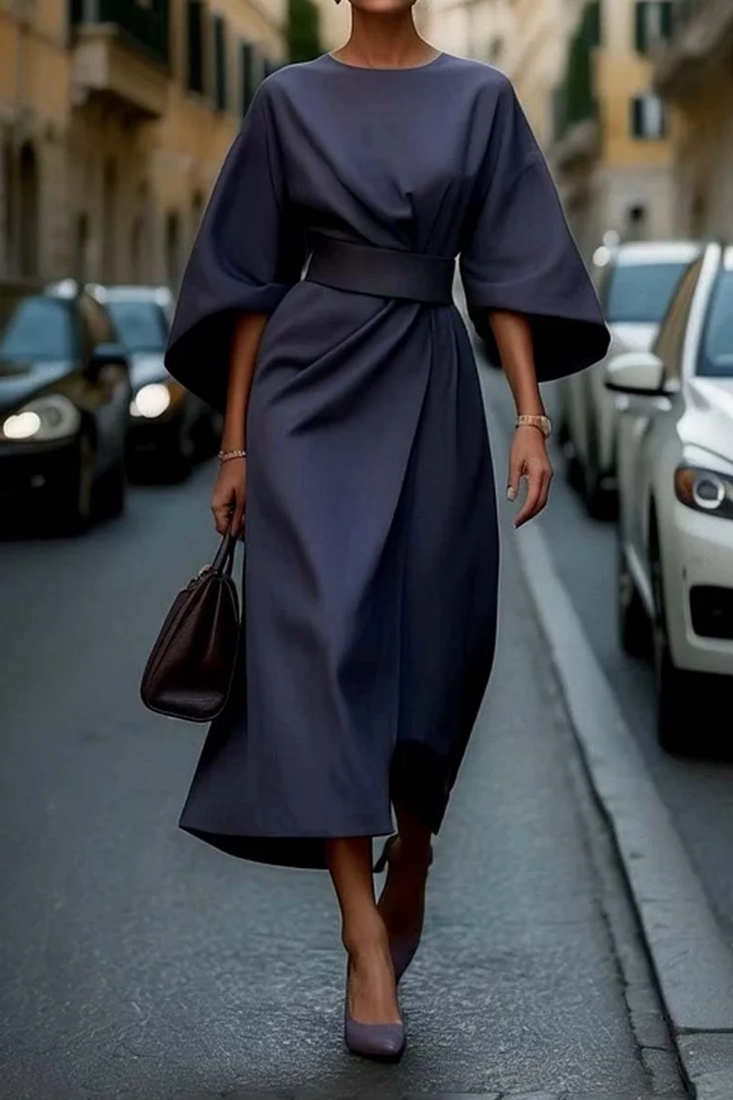 Sofía – Vestido elegante con mangas farol y cinturón