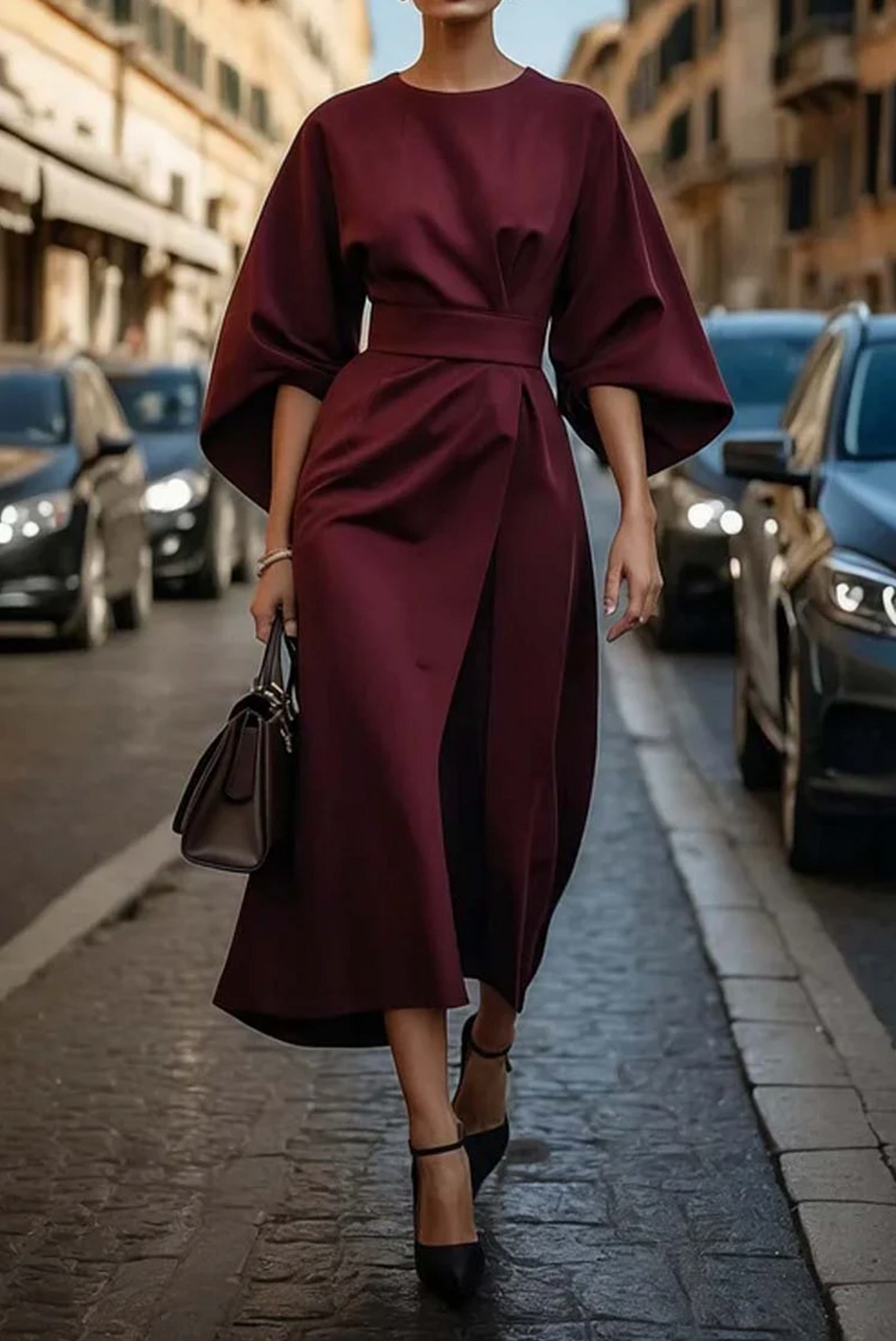 Sofía – Vestido elegante con mangas farol y cinturón
