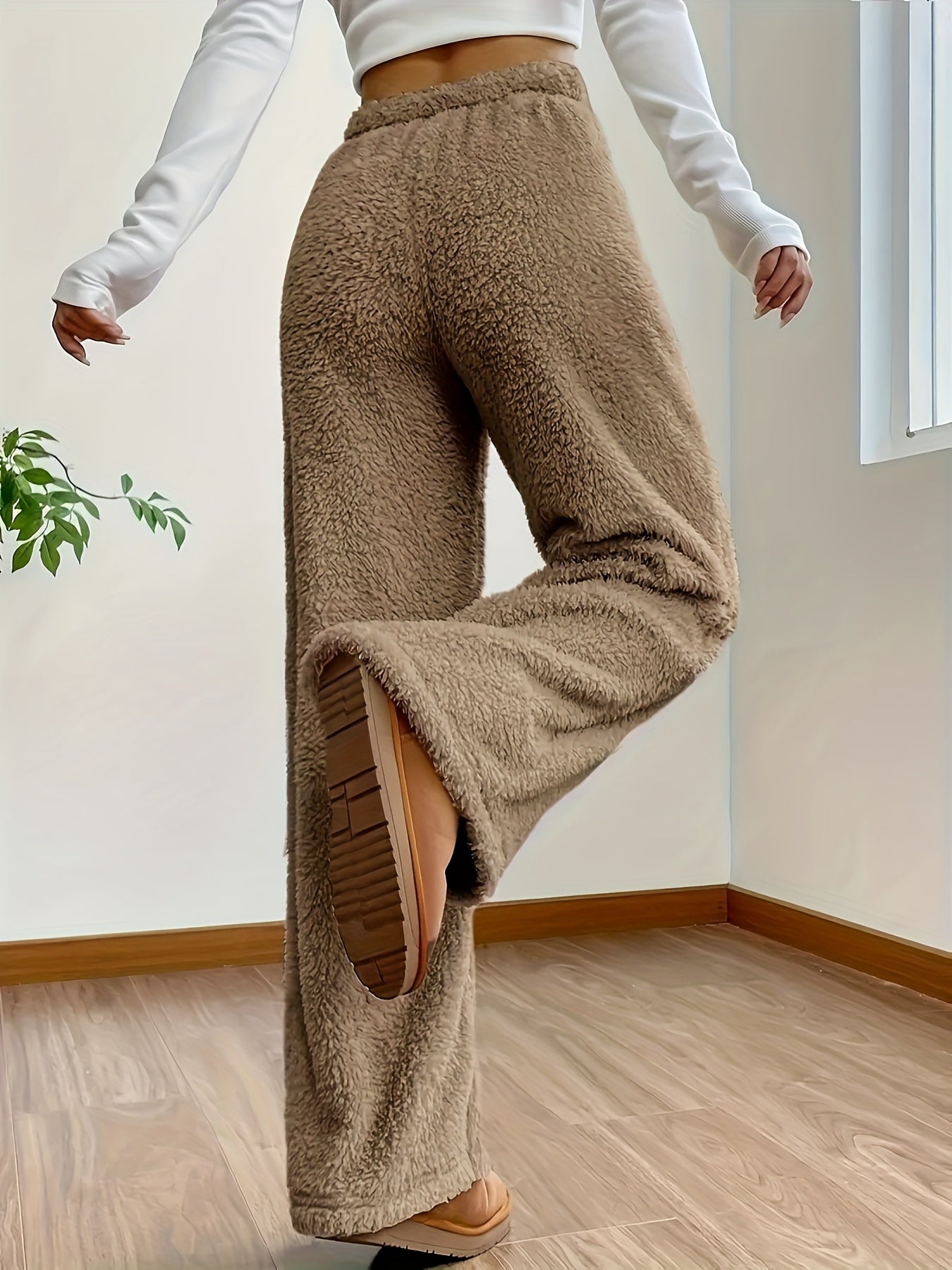 Emma - Pantalón para Mujer de Pierna Recta Estilo Sherpa Fuzzy