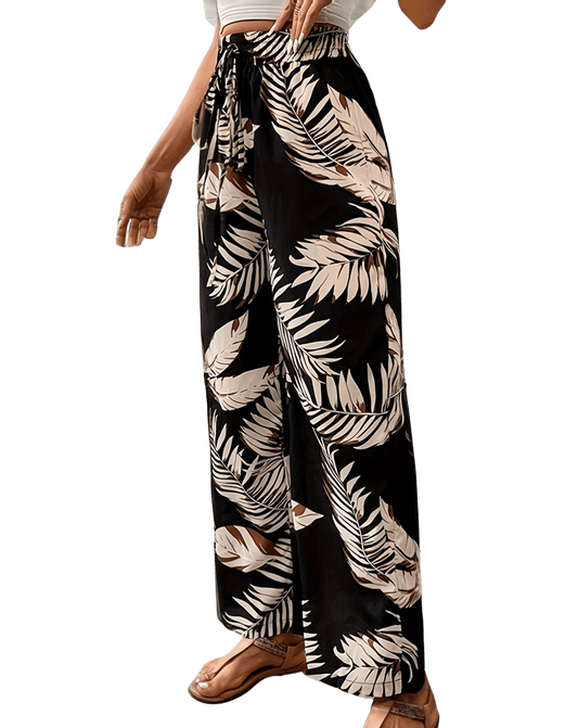 Joanna - Pantalón para Mujer de Pierna Recta con Estampado Floral y Cordón