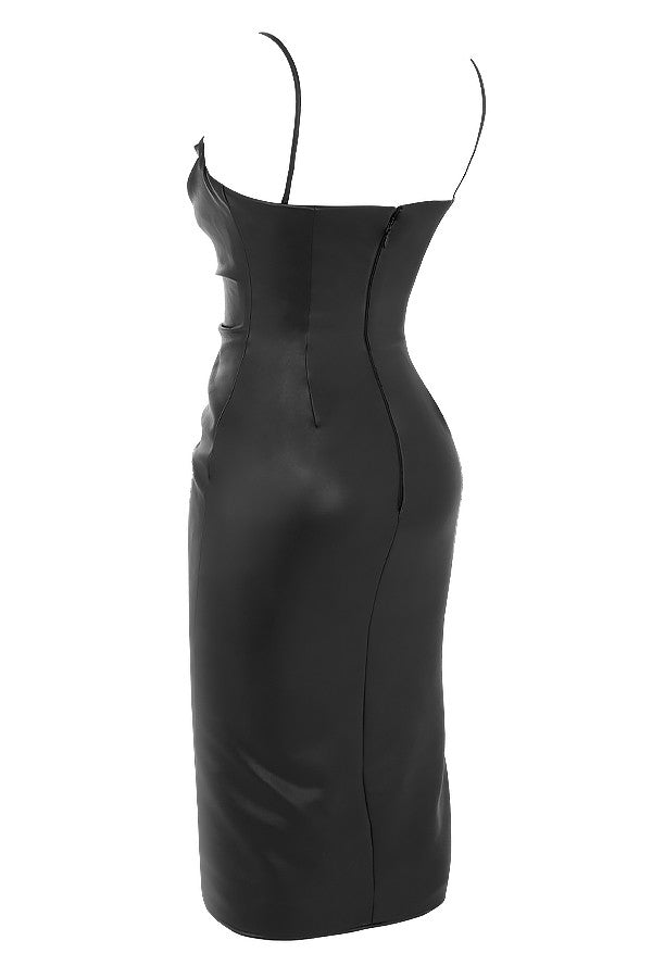 Elegante vestido midi negro de cuero vegano con estilo corsé