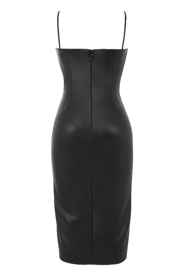 Elegante vestido midi negro de cuero vegano con estilo corsé