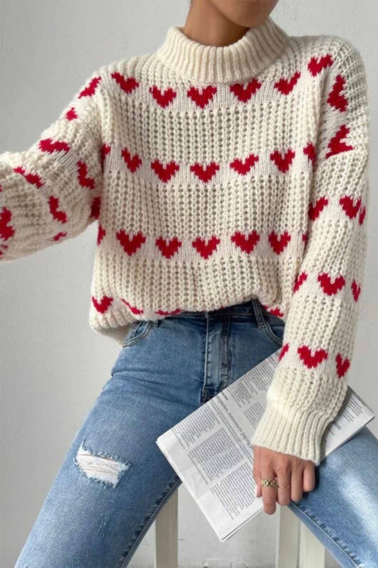 Suéter de Punto de Lujo con Estampado de Corazones y Elegante Motivo Jacquard