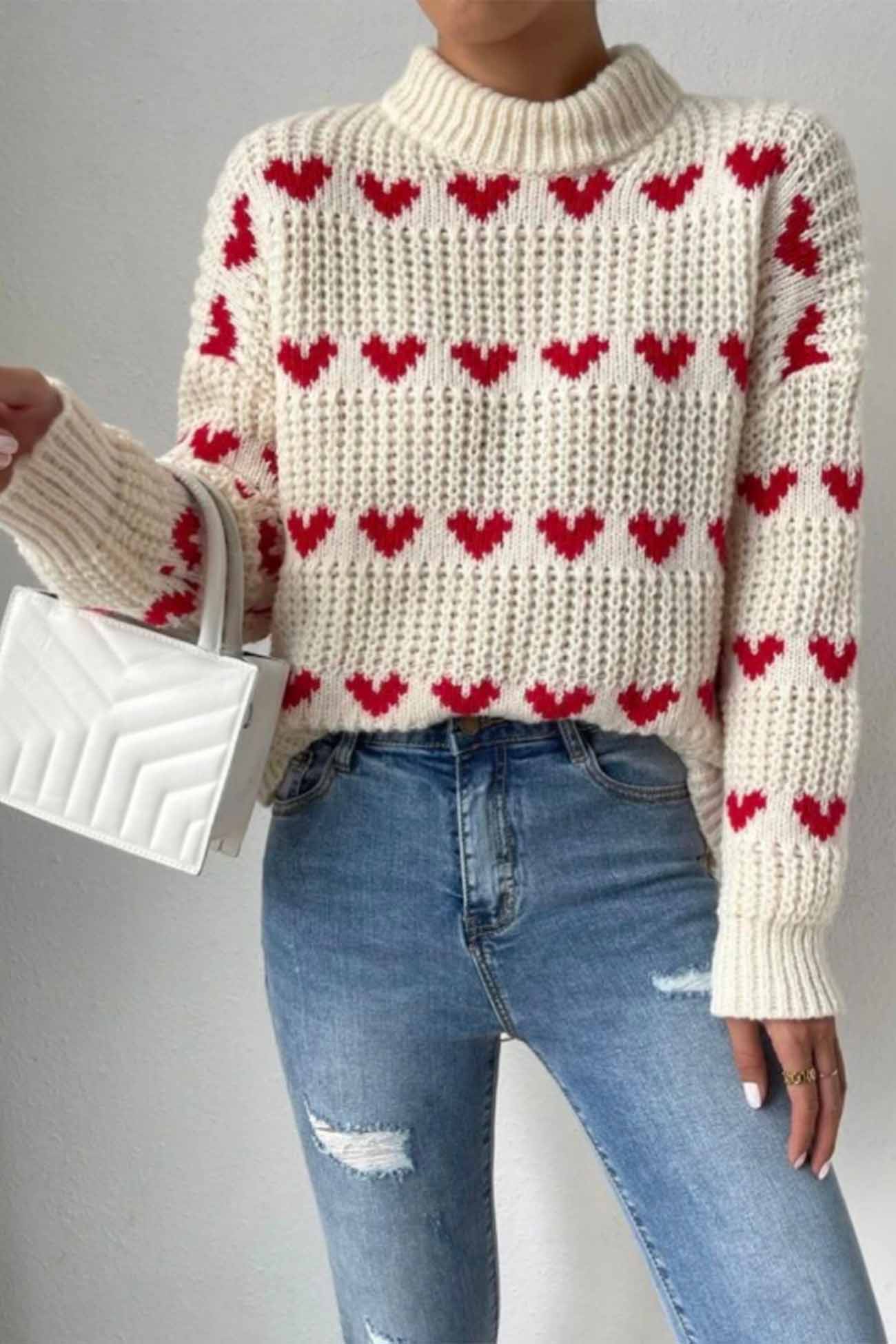 Suéter de Punto de Lujo con Estampado de Corazones y Elegante Motivo Jacquard
