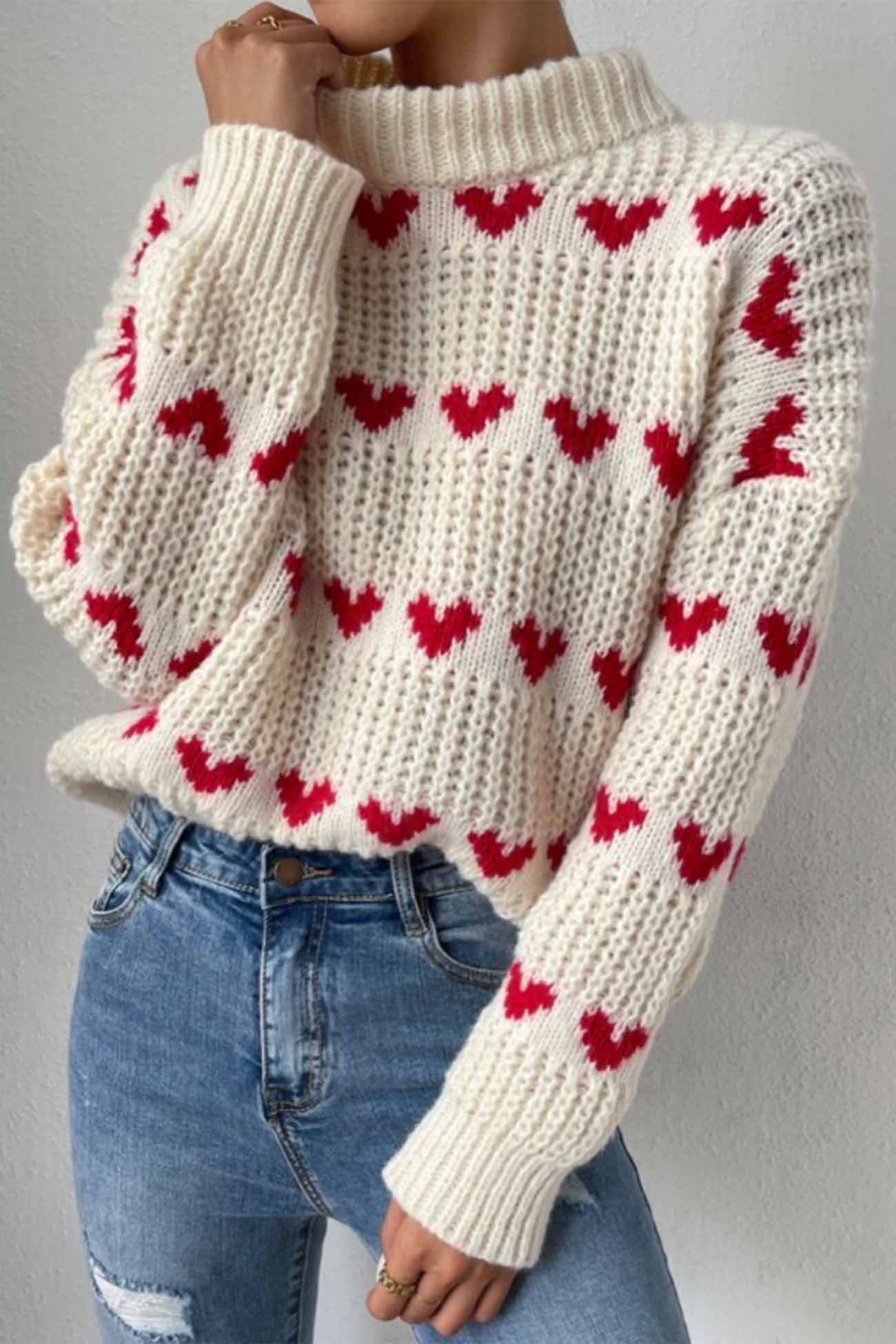 Suéter de Punto de Lujo con Estampado de Corazones y Elegante Motivo Jacquard