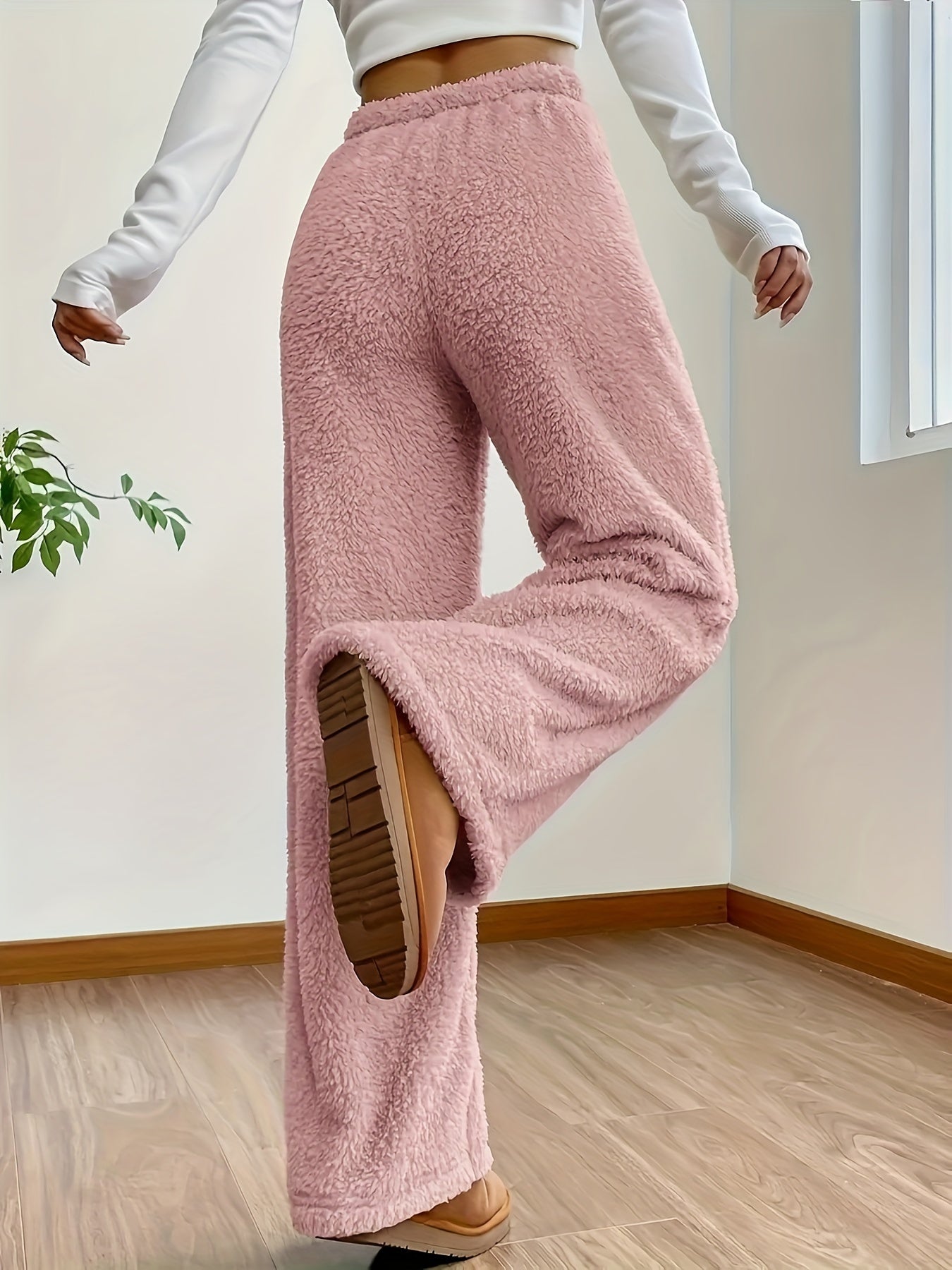 Emma - Pantalón para Mujer de Pierna Recta Estilo Sherpa Fuzzy