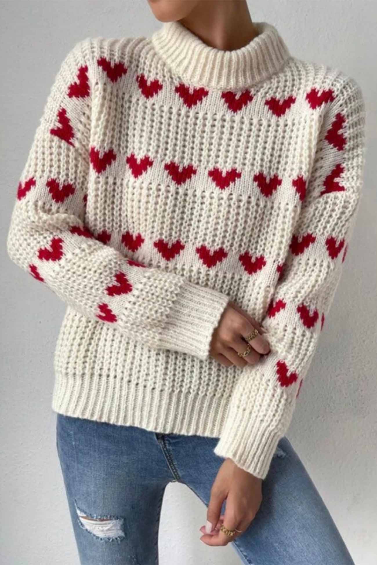 Suéter de Punto de Lujo con Estampado de Corazones y Elegante Motivo Jacquard