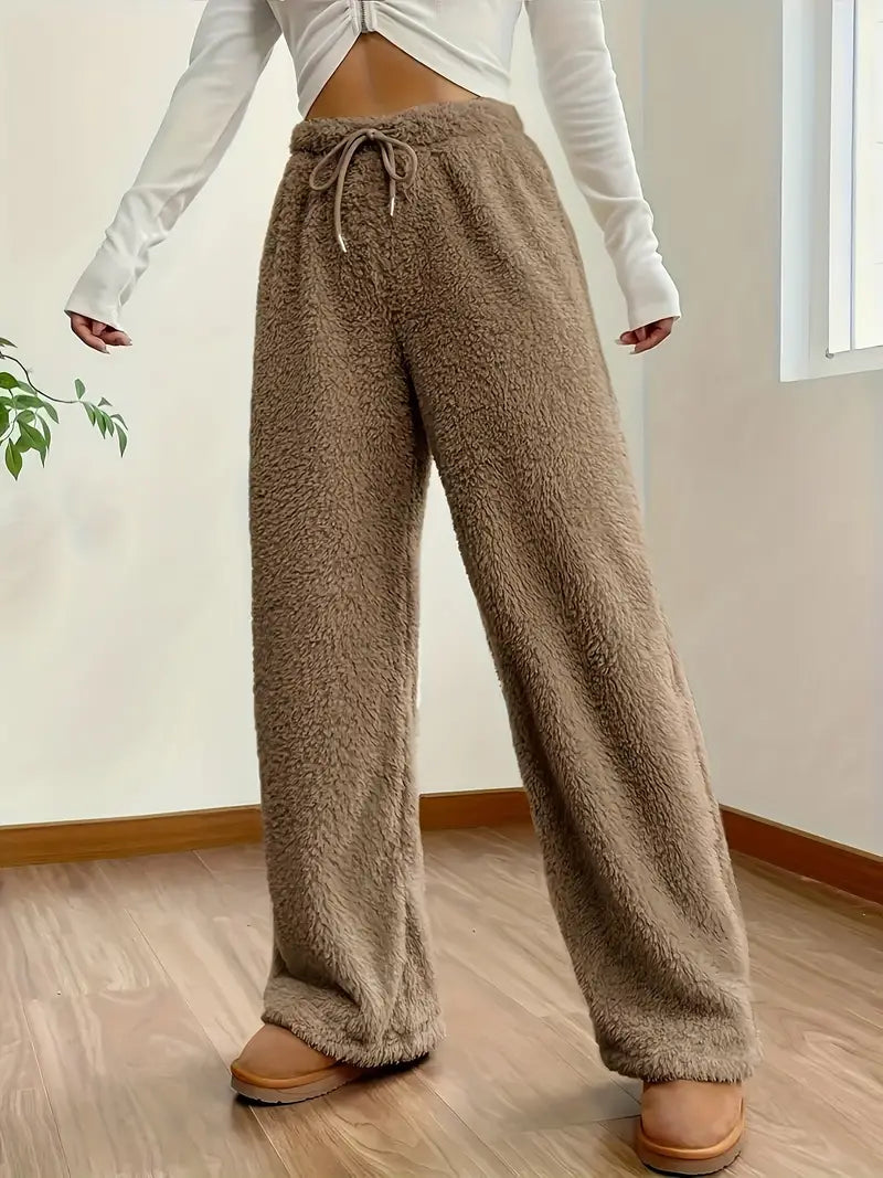 Emma - Pantalón para Mujer de Pierna Recta Estilo Sherpa Fuzzy