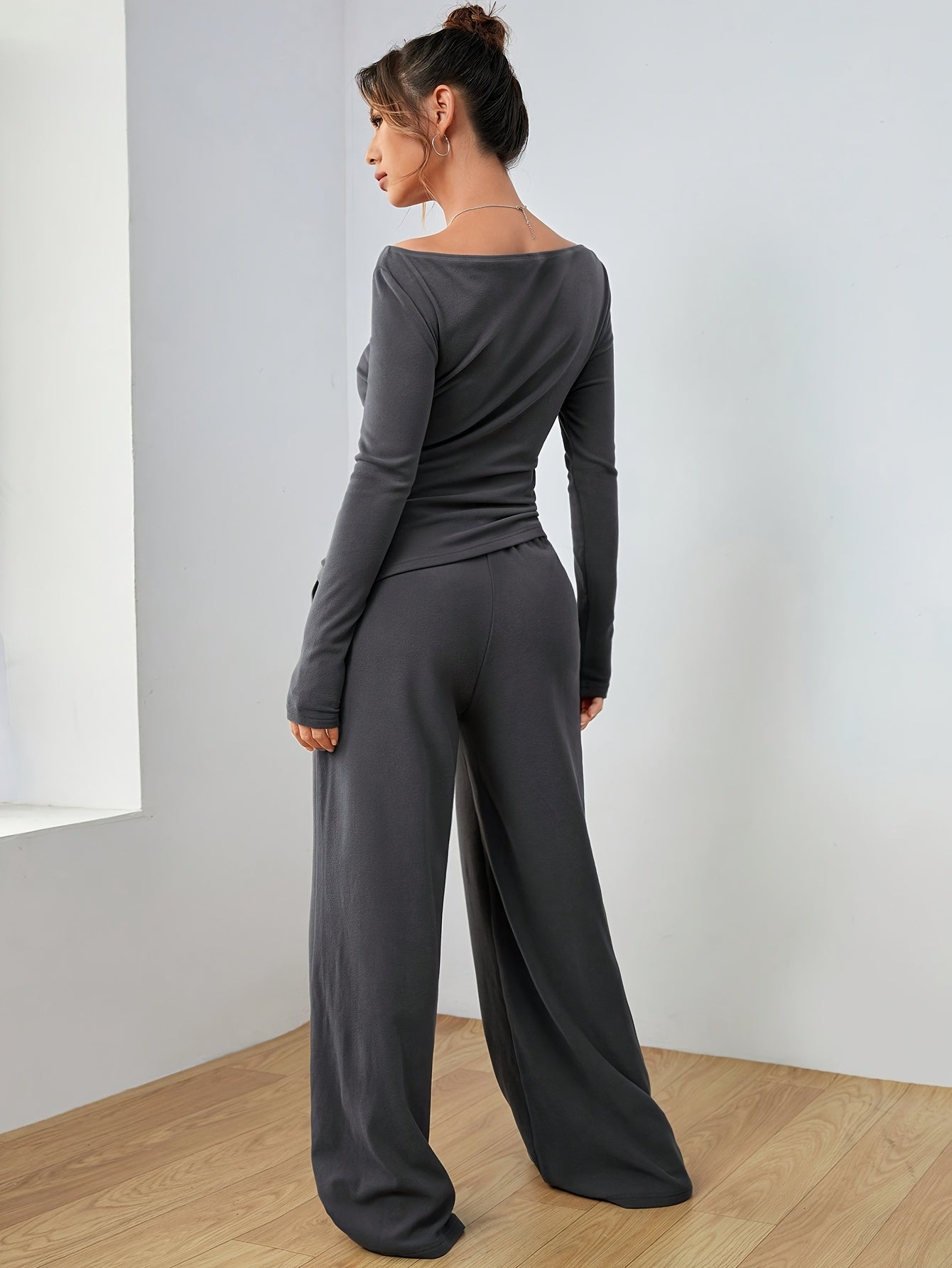 Celine - Conjunto de mujer elegante con camiseta lisa de ajuste amplio y pantalones jogging con cuello barco