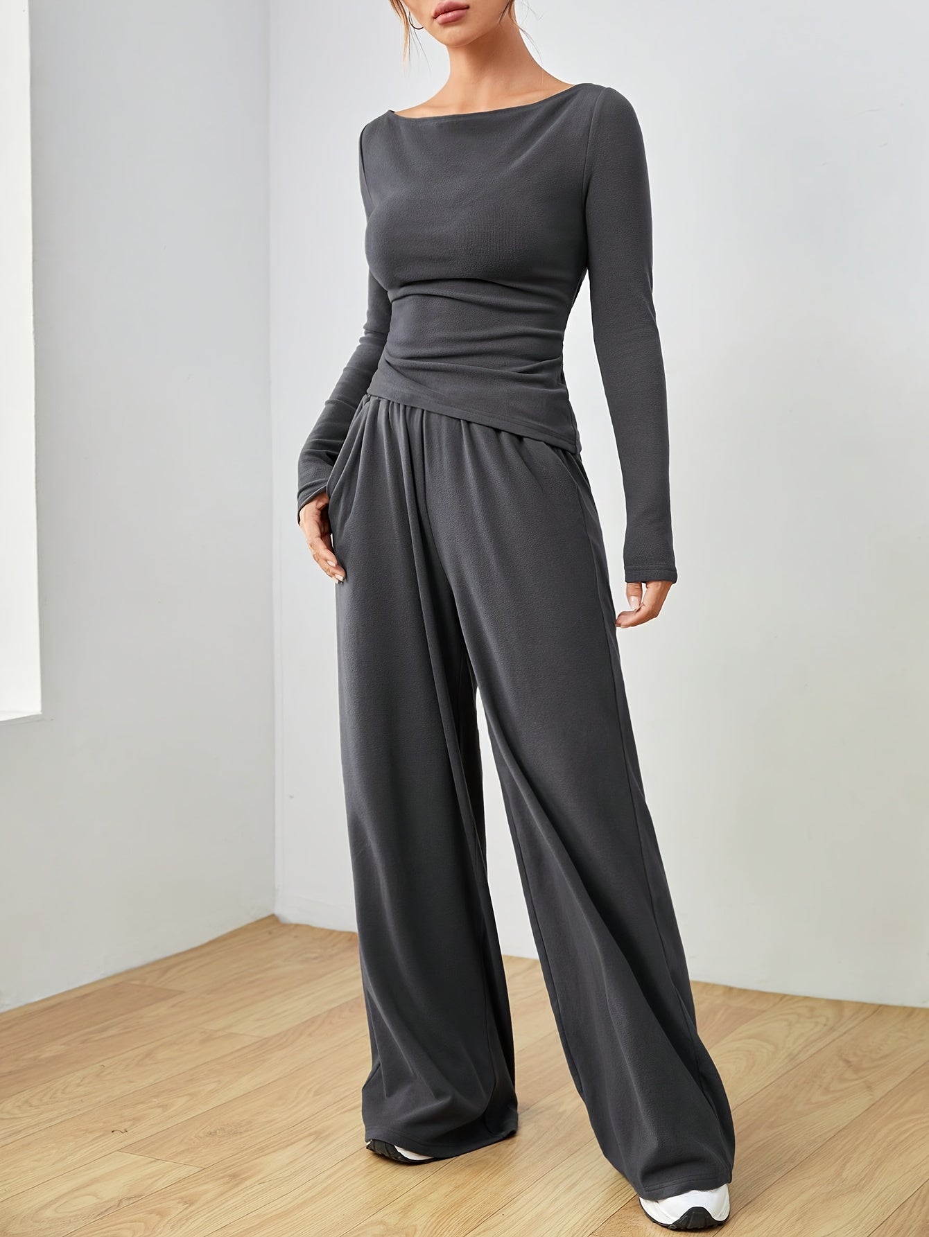 Celine - Conjunto de mujer elegante con camiseta lisa de ajuste amplio y pantalones jogging con cuello barco