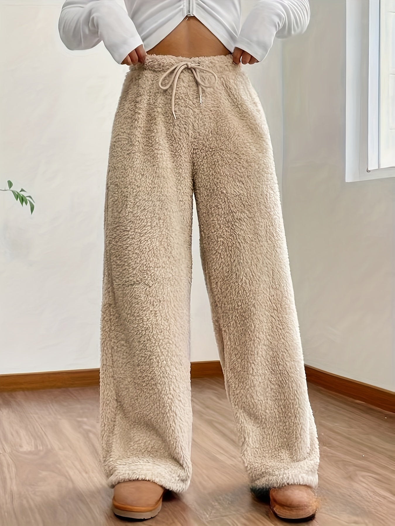 Emma - Pantalón para Mujer de Pierna Recta Estilo Sherpa Fuzzy