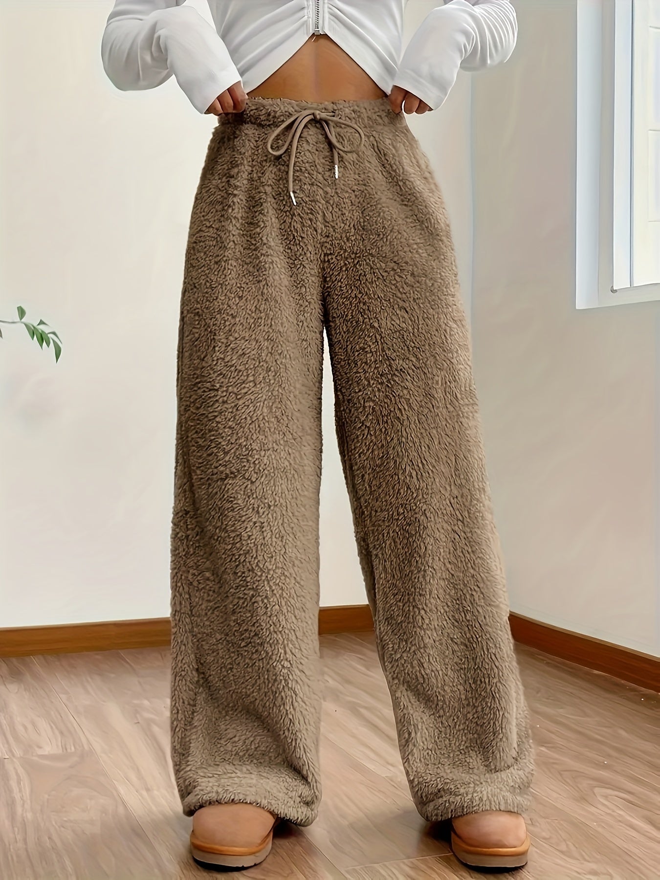 Emma - Pantalón para Mujer de Pierna Recta Estilo Sherpa Fuzzy