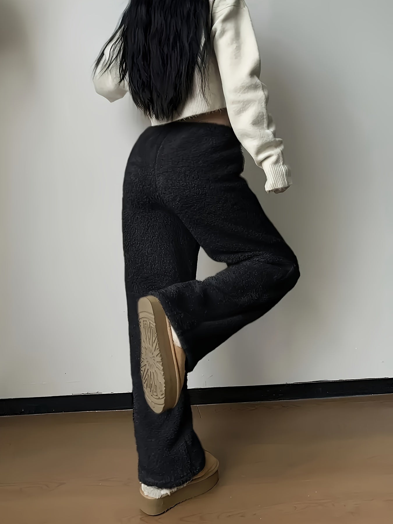 Emma - Pantalón para Mujer de Pierna Recta Estilo Sherpa Fuzzy