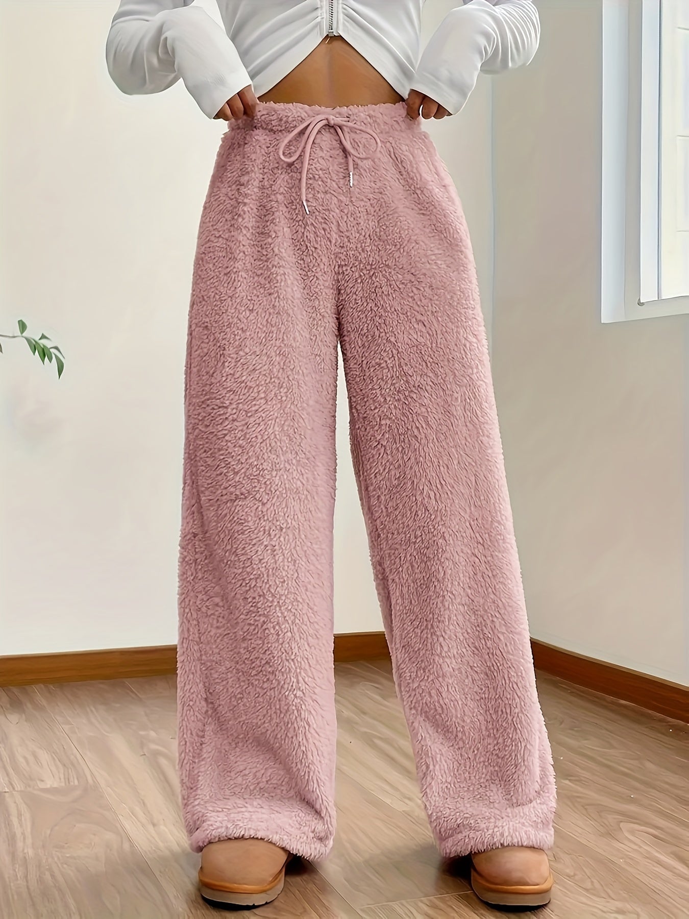 Emma - Pantalón para Mujer de Pierna Recta Estilo Sherpa Fuzzy