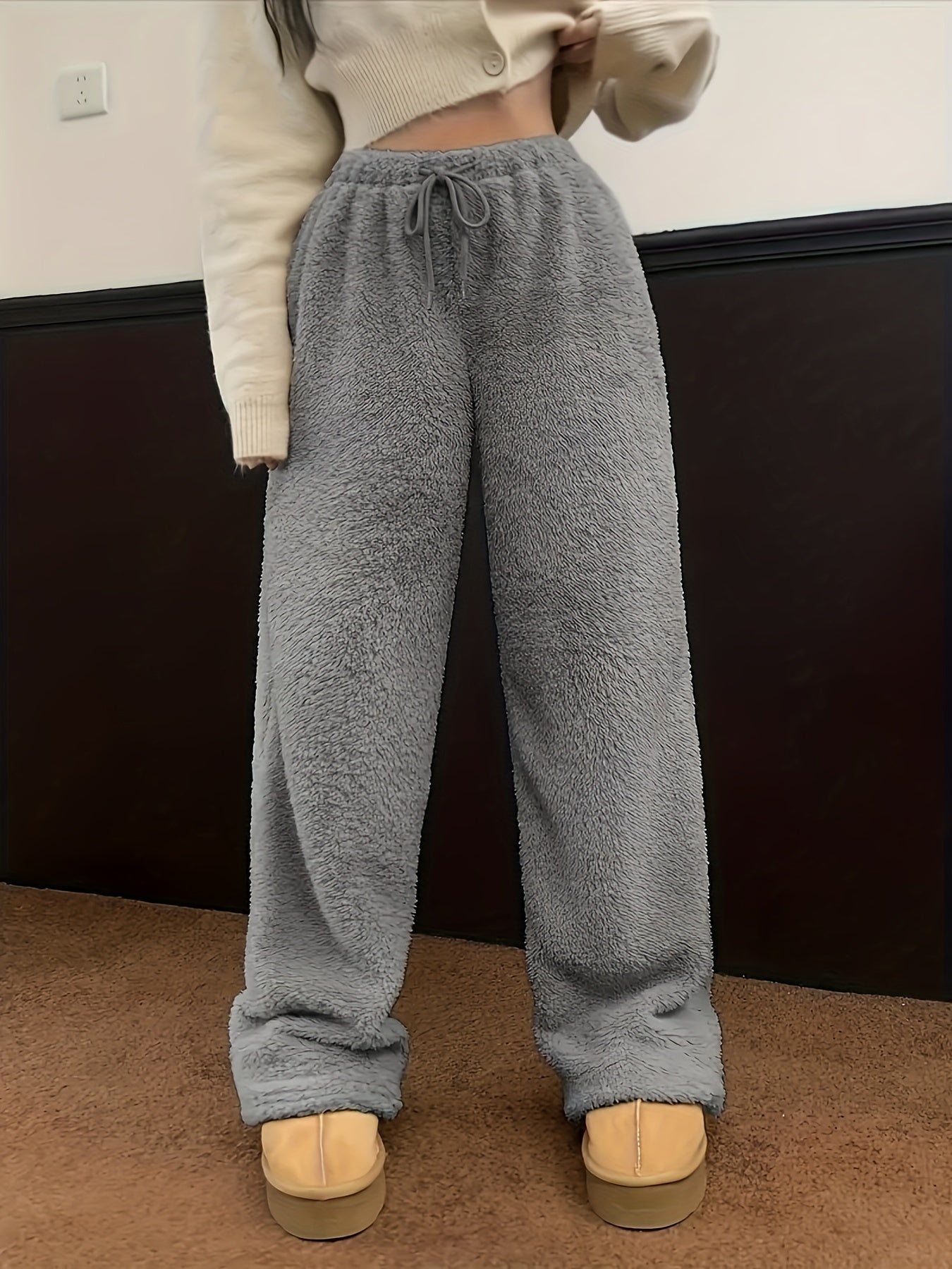 Emma - Pantalón para Mujer de Pierna Recta Estilo Sherpa Fuzzy